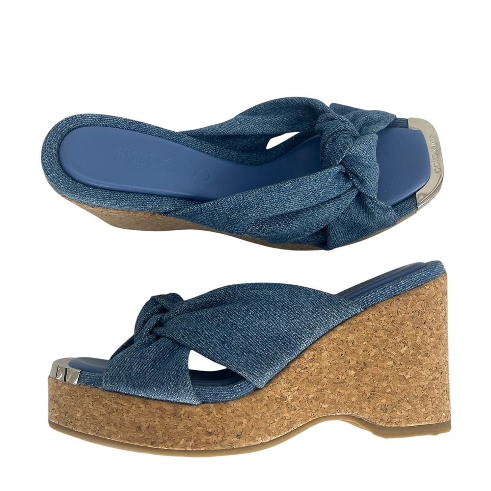 Jimmy Choo Avenue 110 Denim Wedge Sandals Knotted Upper 37 - Picture 4 of 16